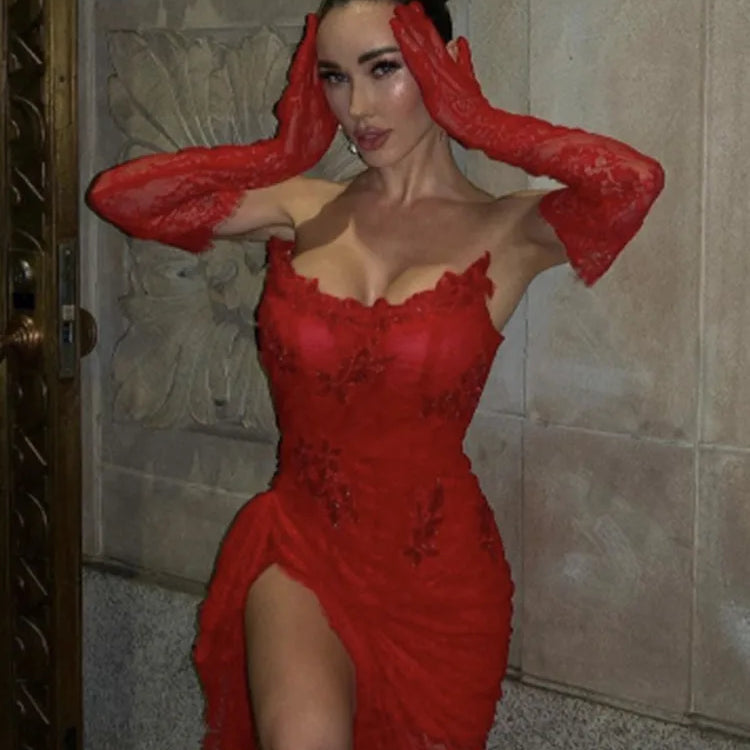 Red Color Women Sexy Strapless Lace High Split Bodycon Floor-Length Dress Gloves Wedding Party Mermaid Celebrate Dress