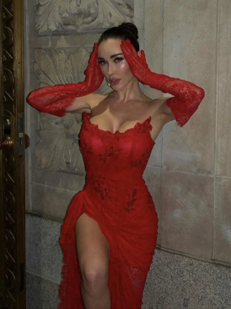 Red Color Women Sexy Strapless Lace High Split Bodycon Floor-Length Dress Gloves Wedding Party Mermaid Celebrate Dress