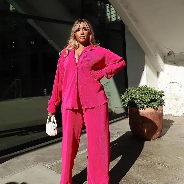 Pleated Solid Women Set Long Sleeve Shirts and Straight Wide Leg Pants Suits Tracksuit Two Piece Set Fitness Outfits Rose Red