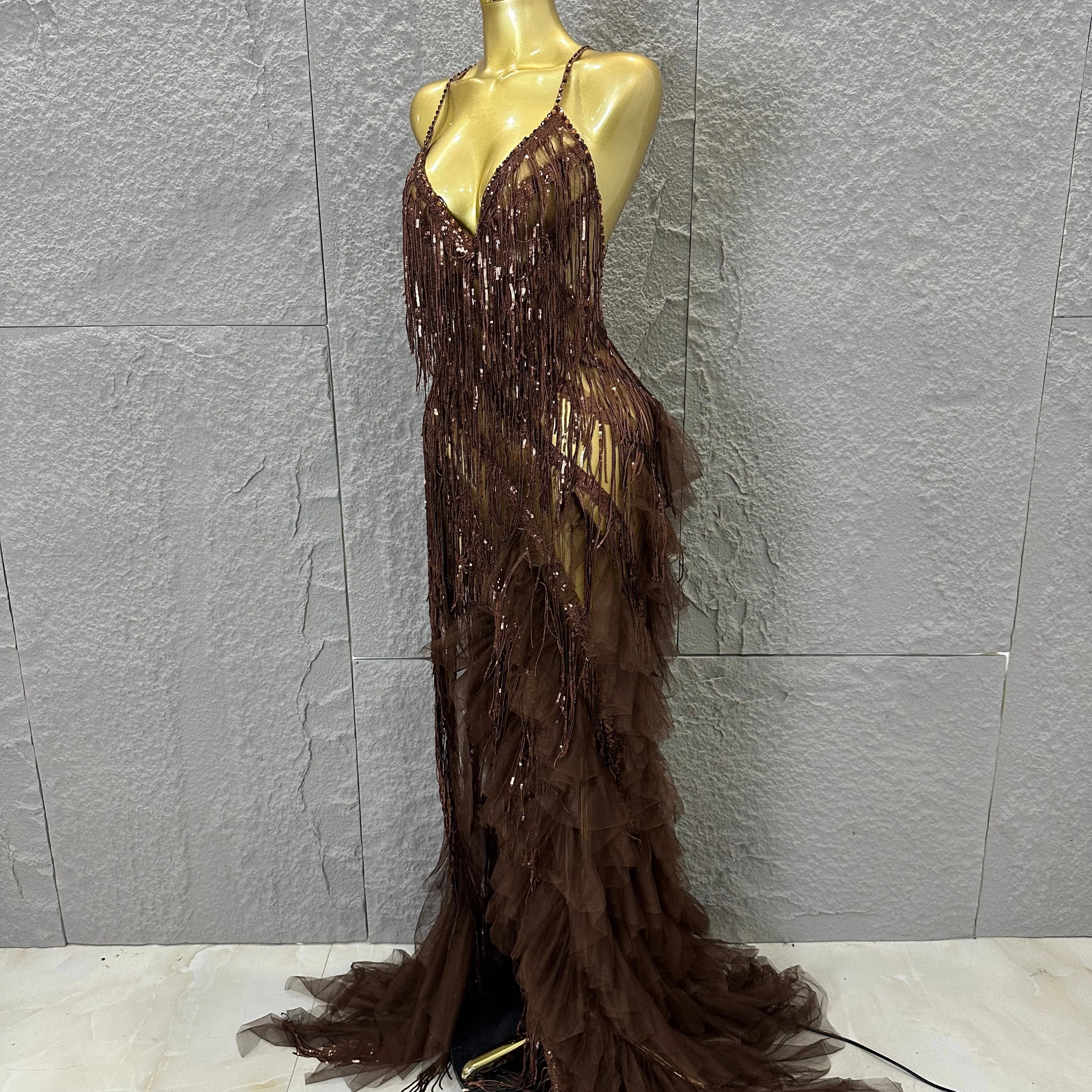 Elegant Brown Floowy Lace Women Sexy Spaghetti Strap V-Neck Tulle Ruffle High Slit Bodycon Outfit Evening Gala Party Costume