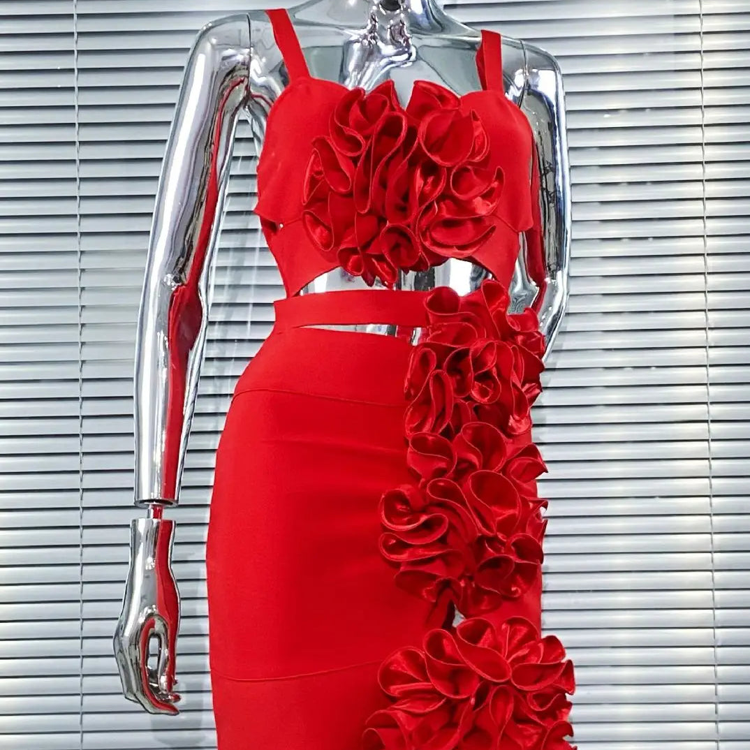 Red Color Women Sleeveless Sexy Strap Florals Bodycon Mini Bandage Dress Nightclub Party Celebrate Outfit Vestido