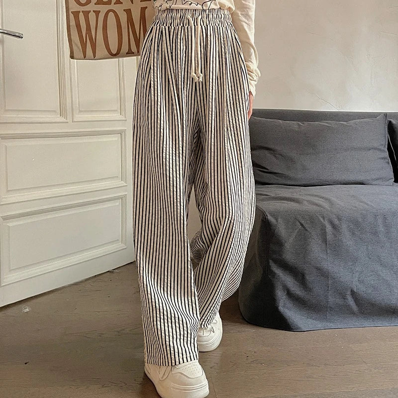 Spring Striped Straight Leg Pants Women Japan Style Full Length Drawstring Casual Versatile Office Lady Daily Trousers Female
