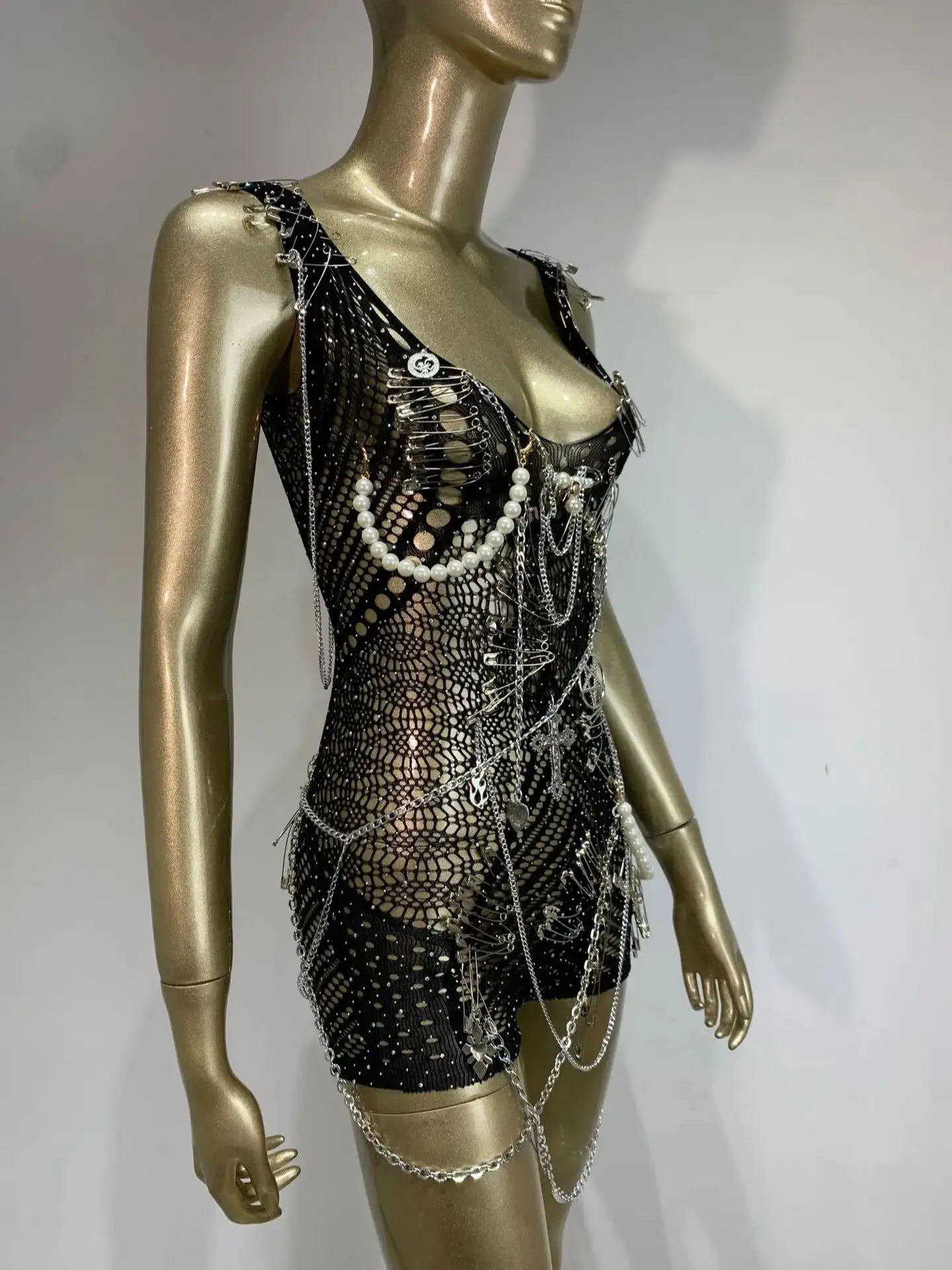 Stock Women Luxury Sexy Tank U Neck Chain Pin Decoration Playsuit Birthday Party Costume Bar Nightclub Stage Performance Outfit