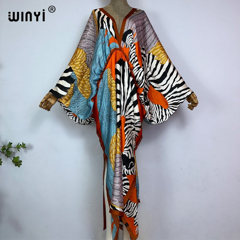 Sexy bech high-quality hand-rolled feel silk rayon fashion print 2024 WINYI Maxi Women's robes long beach V-neck Bohemian dress 14 One Size