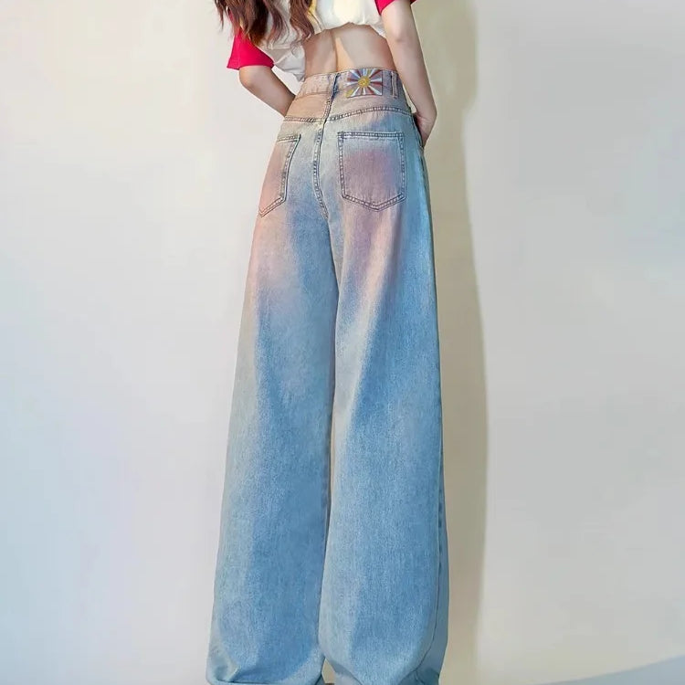 Korean Women's Wide Leg Baggy Y2K 2000s Denim Trouser Fashion Sweet Casual High Waist Pants High Street Blue Straight Jeans