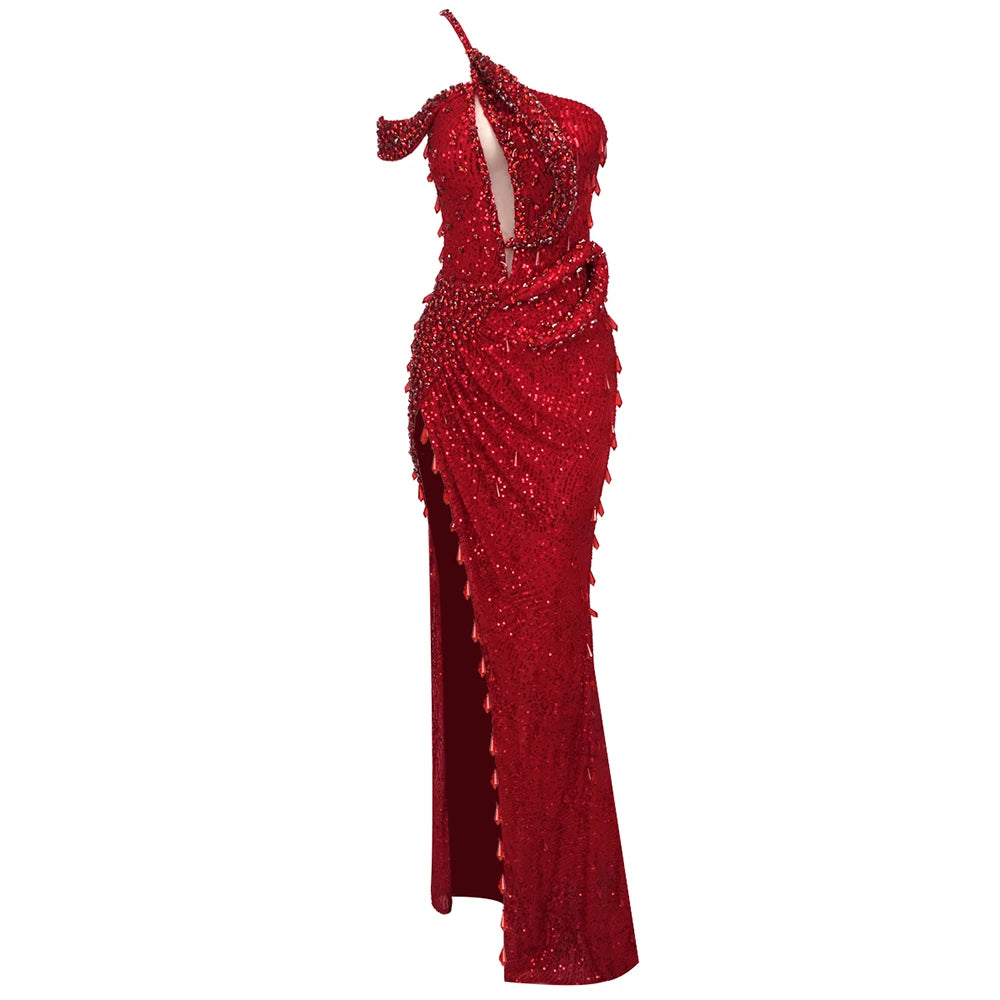 Red Diamonds Mermaid Dress Beaded Diagonal One-shoulder High Split Crystals Details Maxi Banquet Evening Party Gown Red