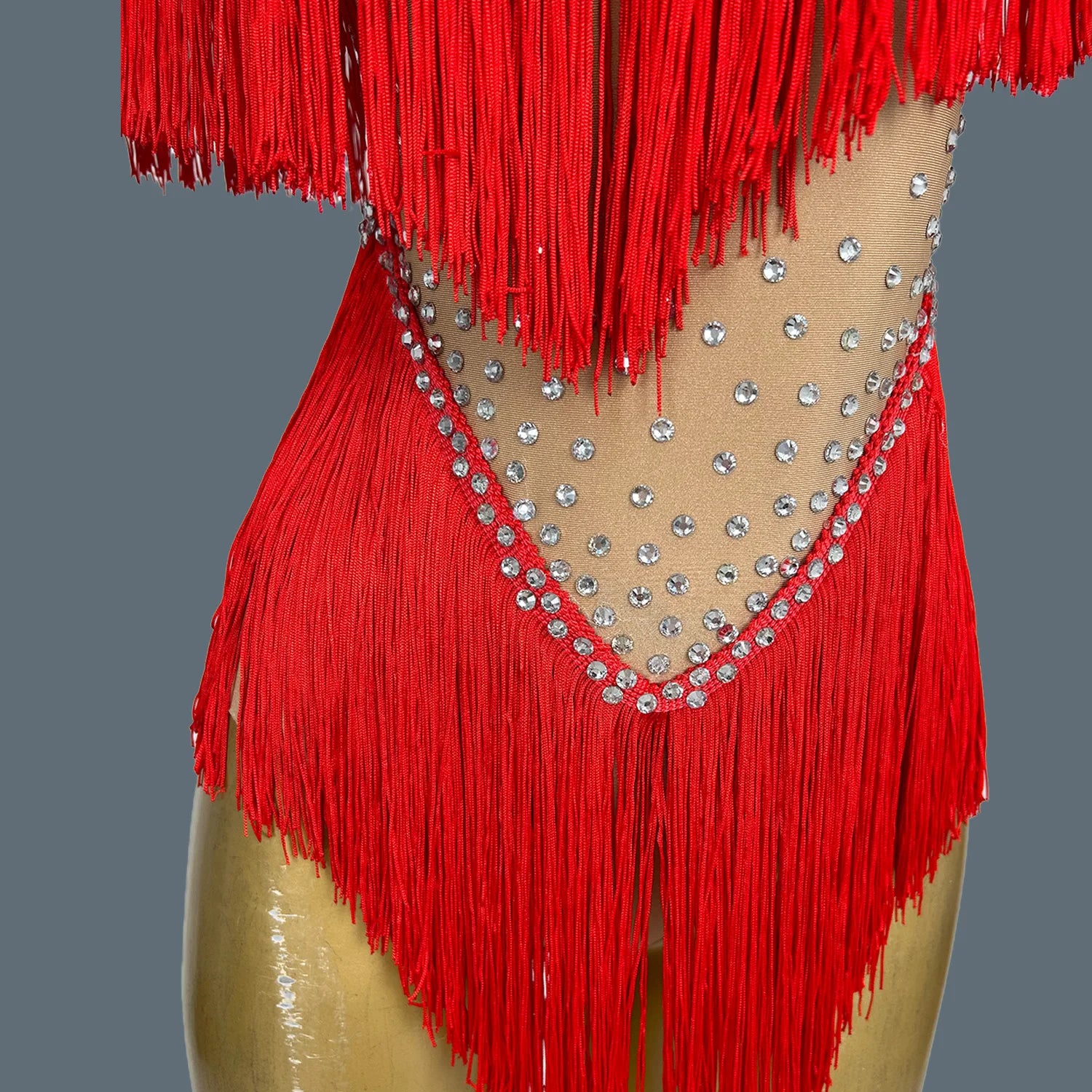 Nightclub Show Stage Performance Costume Rhinestone Red Tassel Bodysuit Women's Sexy Dance Leotard Dance Troupe Outfit Caizhuang