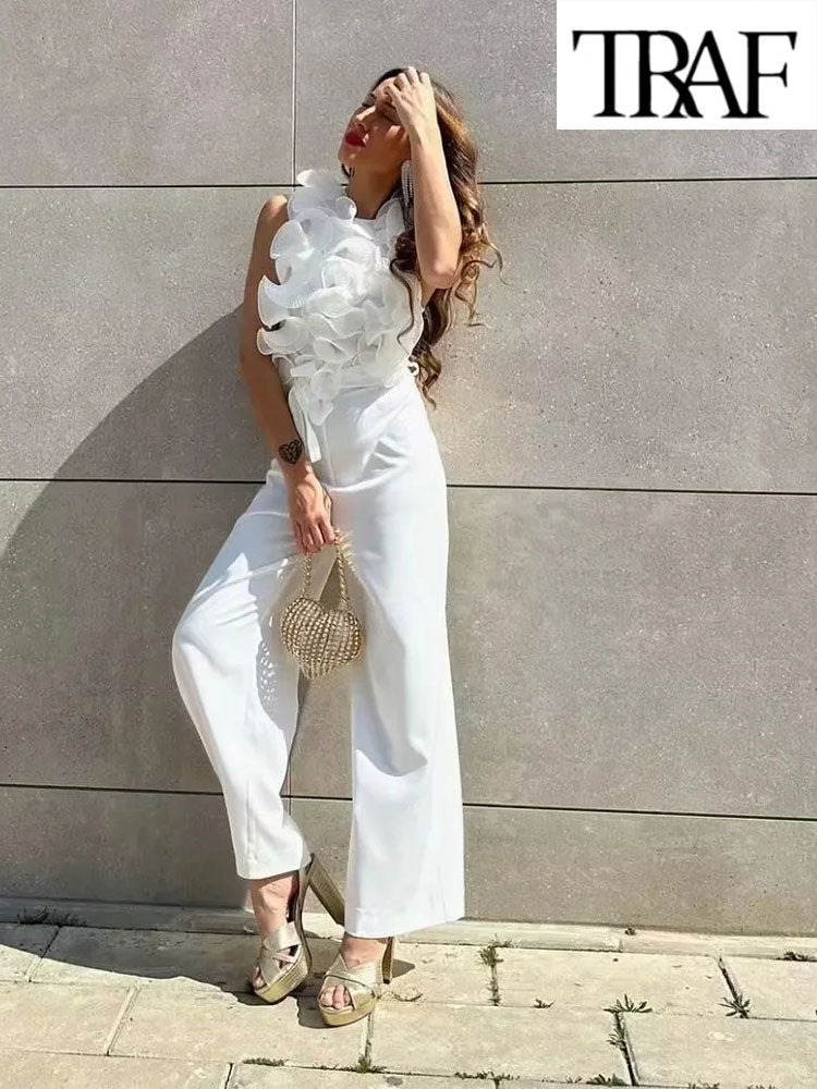 TRAF 2024 New Summer Women Elegant Solid Ruffle Sexy White Jumpsuits Fashion Long Jumpsuit with Belt