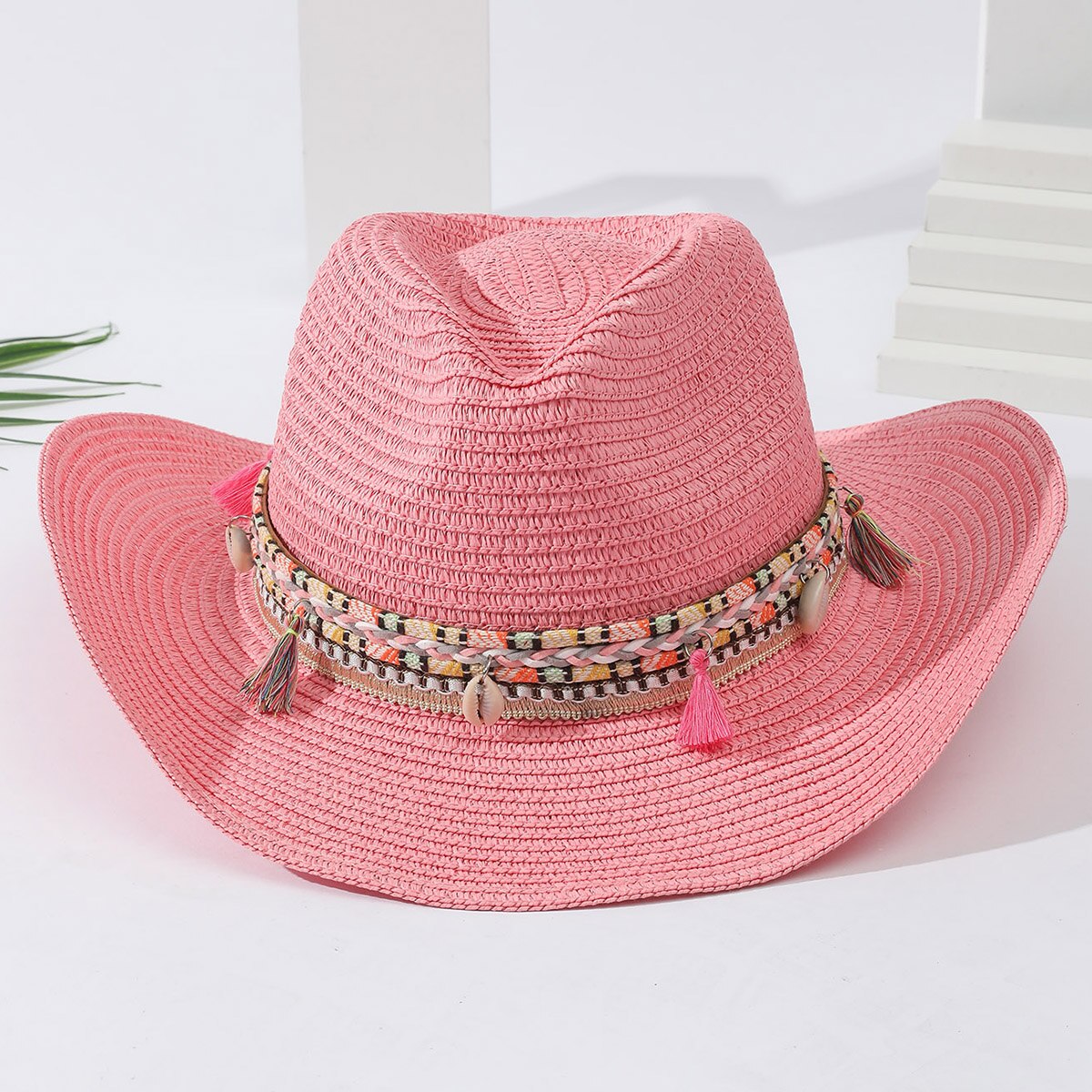 Wholesale Women Pink Tassel Cowboy Hat Floppy Beach Hats Summer Straw Hats Ladies UV Protection Hat Panama Sun Hat navy