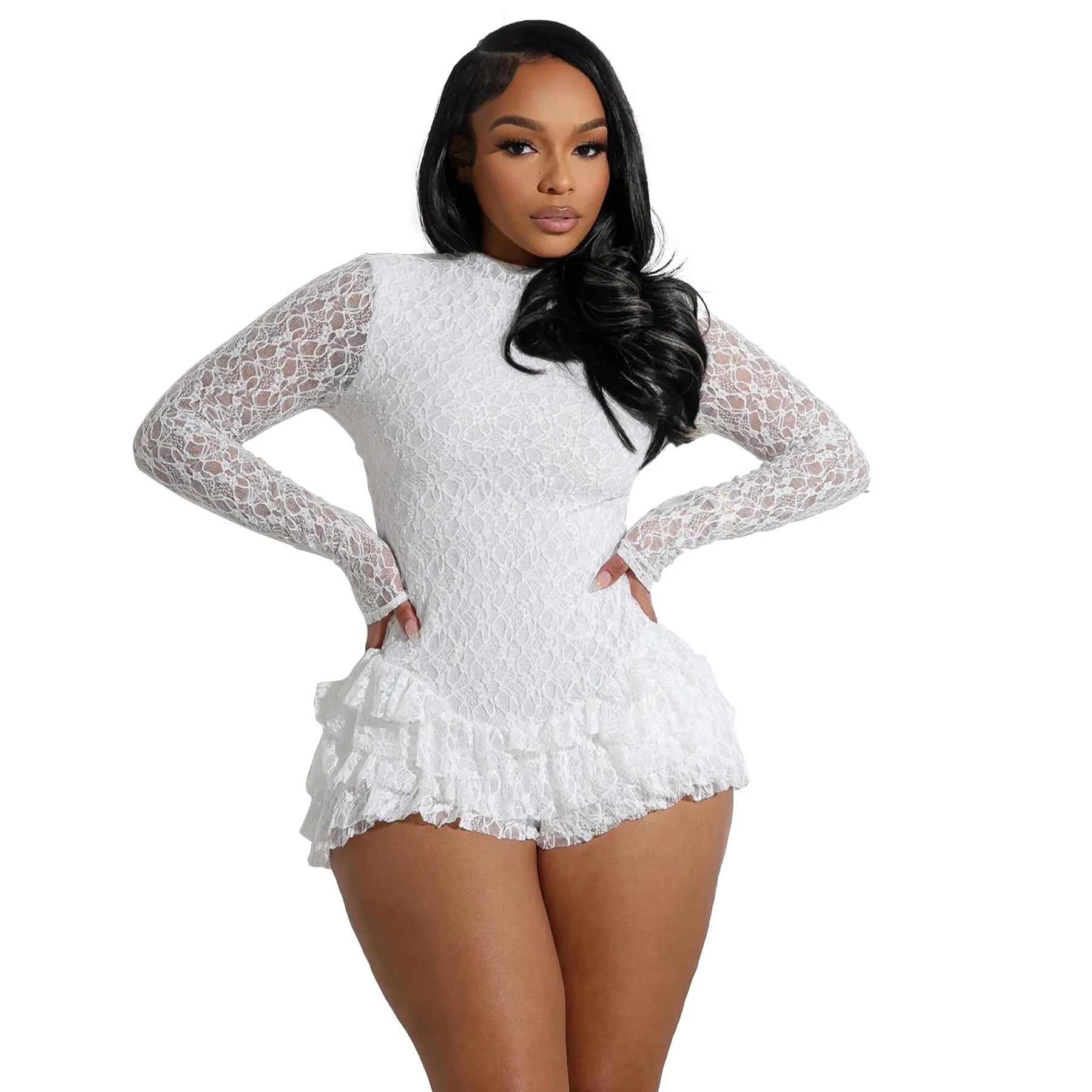 CM.YAYA Women Long Sleeve Lace Ruffles Ruched High Waist Short Jumpsuit Streetwear Backless Street One Piece Romper Playsuit