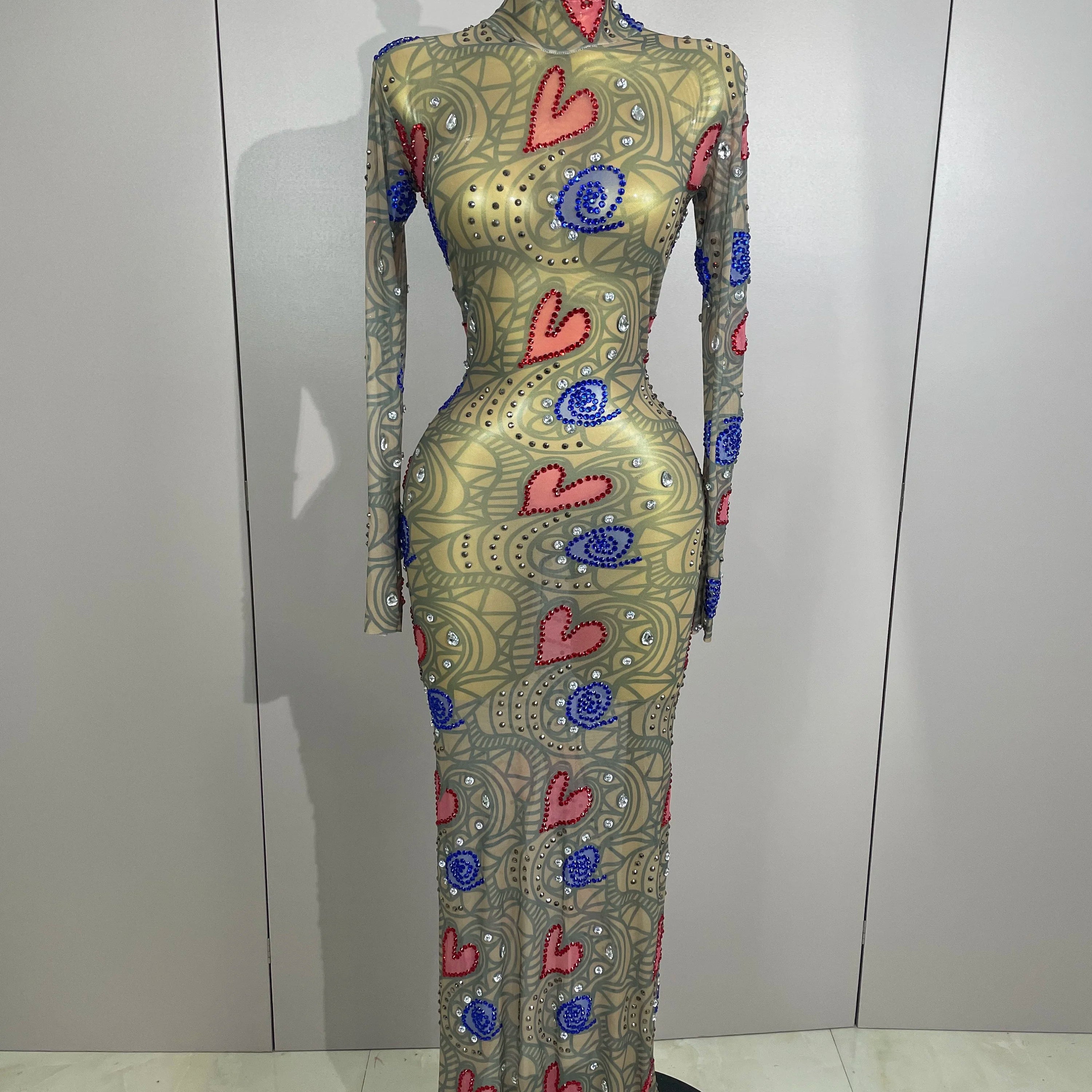 2025 New Sparkly Diamond High Neck Sexy Mesh Wrap Hip Long Dress Host Annual Meeting Party Nightclub Bar Performance Costume MULTI