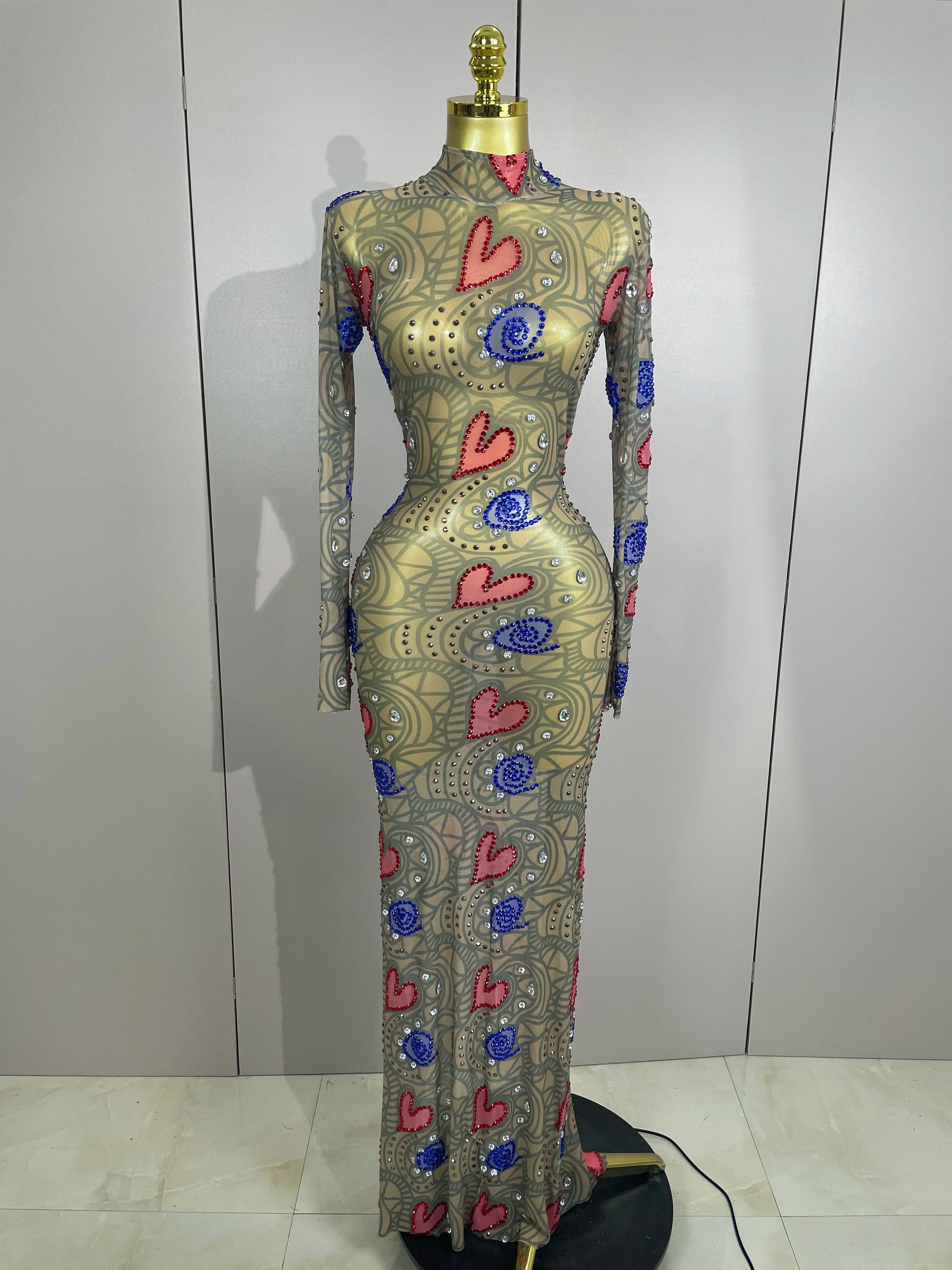 2025 New Sparkly Diamond High Neck Sexy Mesh Wrap Hip Long Dress Host Annual Meeting Party Nightclub Bar Performance Costume MULTI