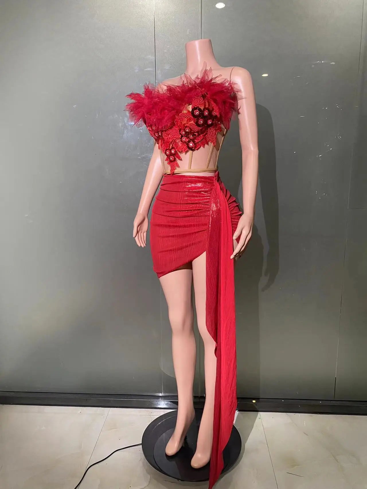 Christmas Style Women Sexy 2 Pieces Beading Draped Bodycon Mini Dress Nightclub Party Celebrate Bar Singer Performance Costume