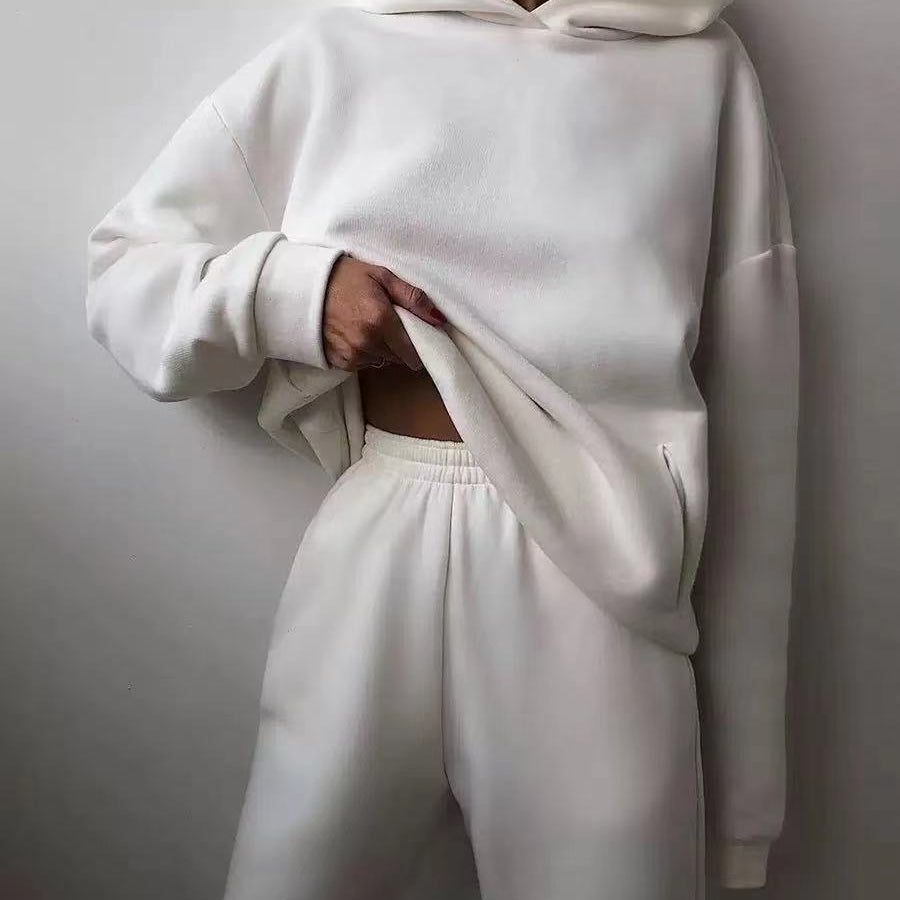 Winter Women Two Piece Sets Tracksuit Autumn Casual Solid Long Sleeve Hoodie Sweatshirts Female Oversized Trouser Pant Suit White
