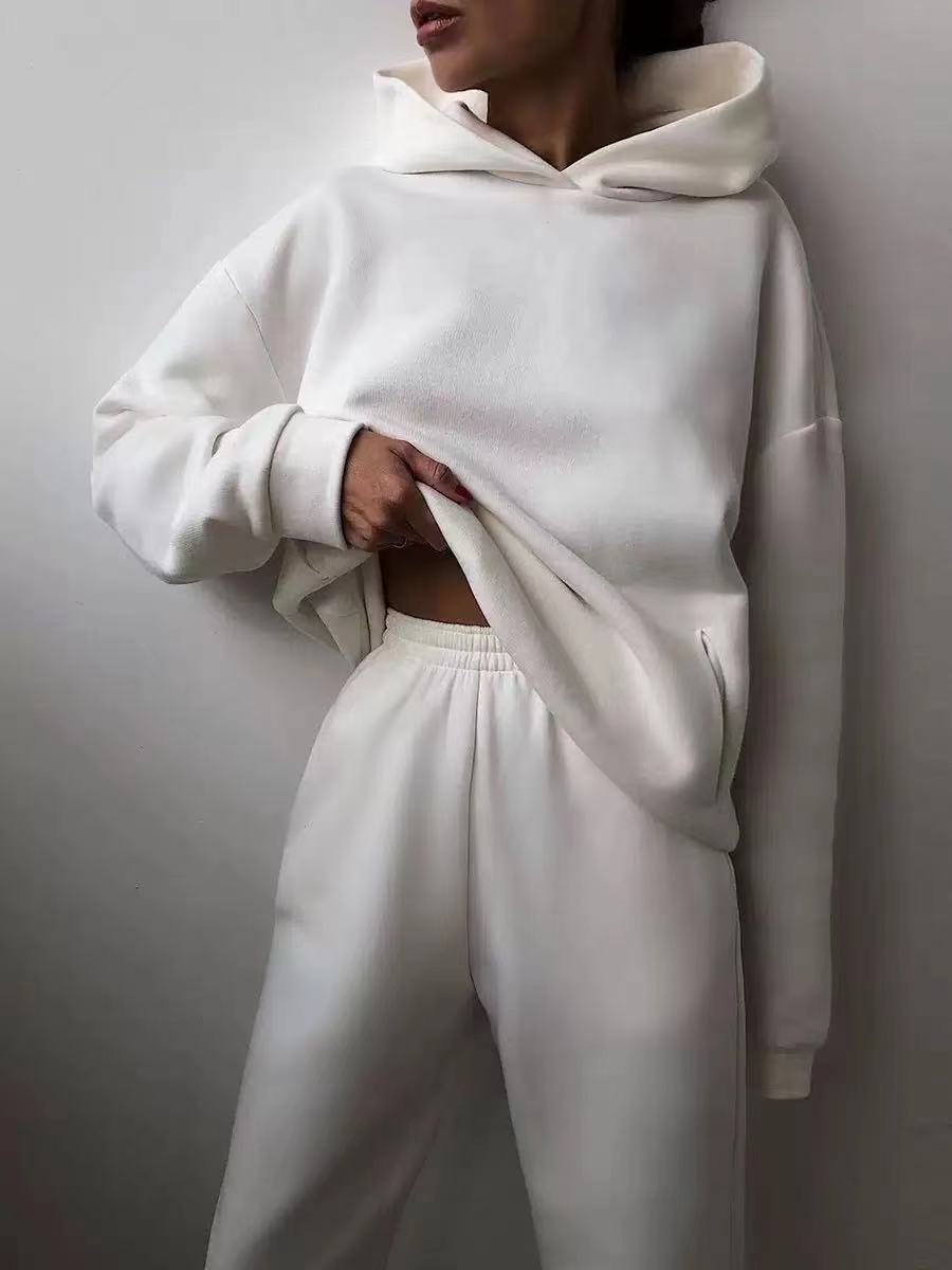 Winter Women Two Piece Sets Tracksuit Autumn Casual Solid Long Sleeve Hoodie Sweatshirts Female Oversized Trouser Pant Suit White