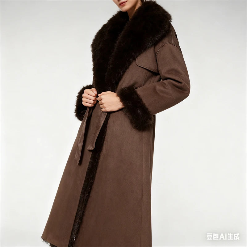 Chic Brown Long Coat for Women - Faux Fur Collar & Cuffs Belted Trench Coat for Cold Weather