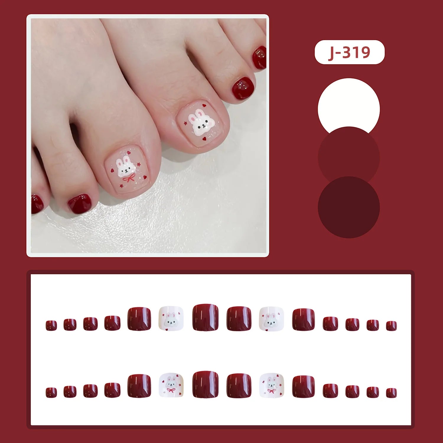 24pcs Summer Cute Press on Toenails Cartoon Cat Bear Print False Toe Nails Wearable Sweet Red Korean Style Fake Toenails 2