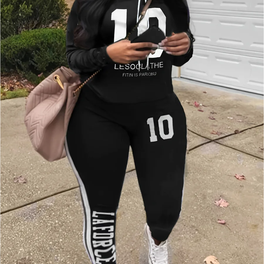 LW Plus Size Tracksuit Sets Drawstring Letter Striped Set Womens 2 Piece Sweatsuits Hoodie & Sweatpants Jogging Suits Outfits black