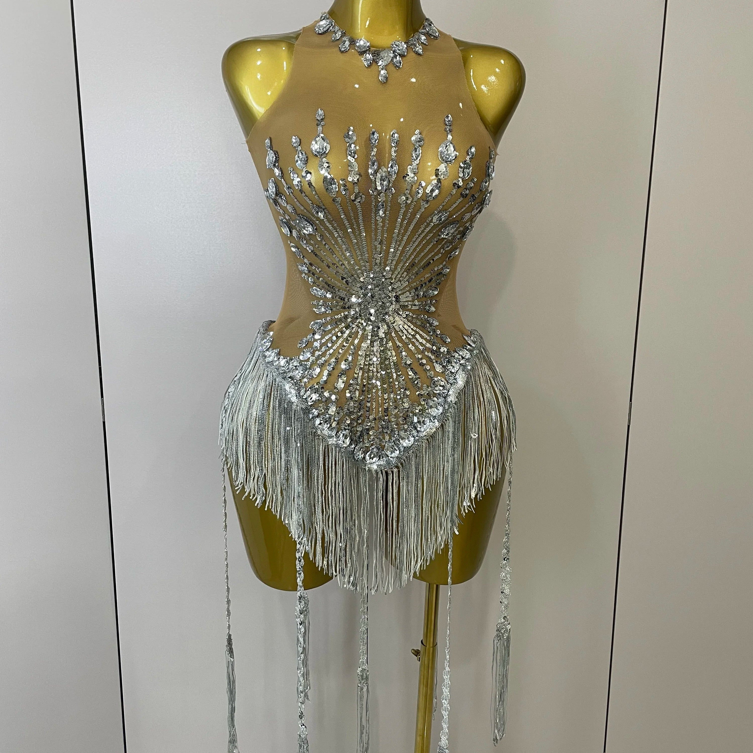 STOCK Sliver Sequins Shining Diamonds Sexy Mesh Long Tassel Bodysuit Women Nightclub Party Birthday Stage Performance Costume Silver