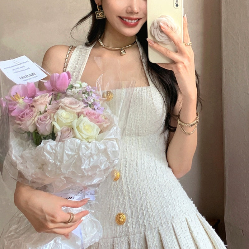 Womens Dresses 2024 Summer Gold Button Tweed Halterneck Strap Dress Korean Style A-line Elegant Party Evening Dress Mini Dress