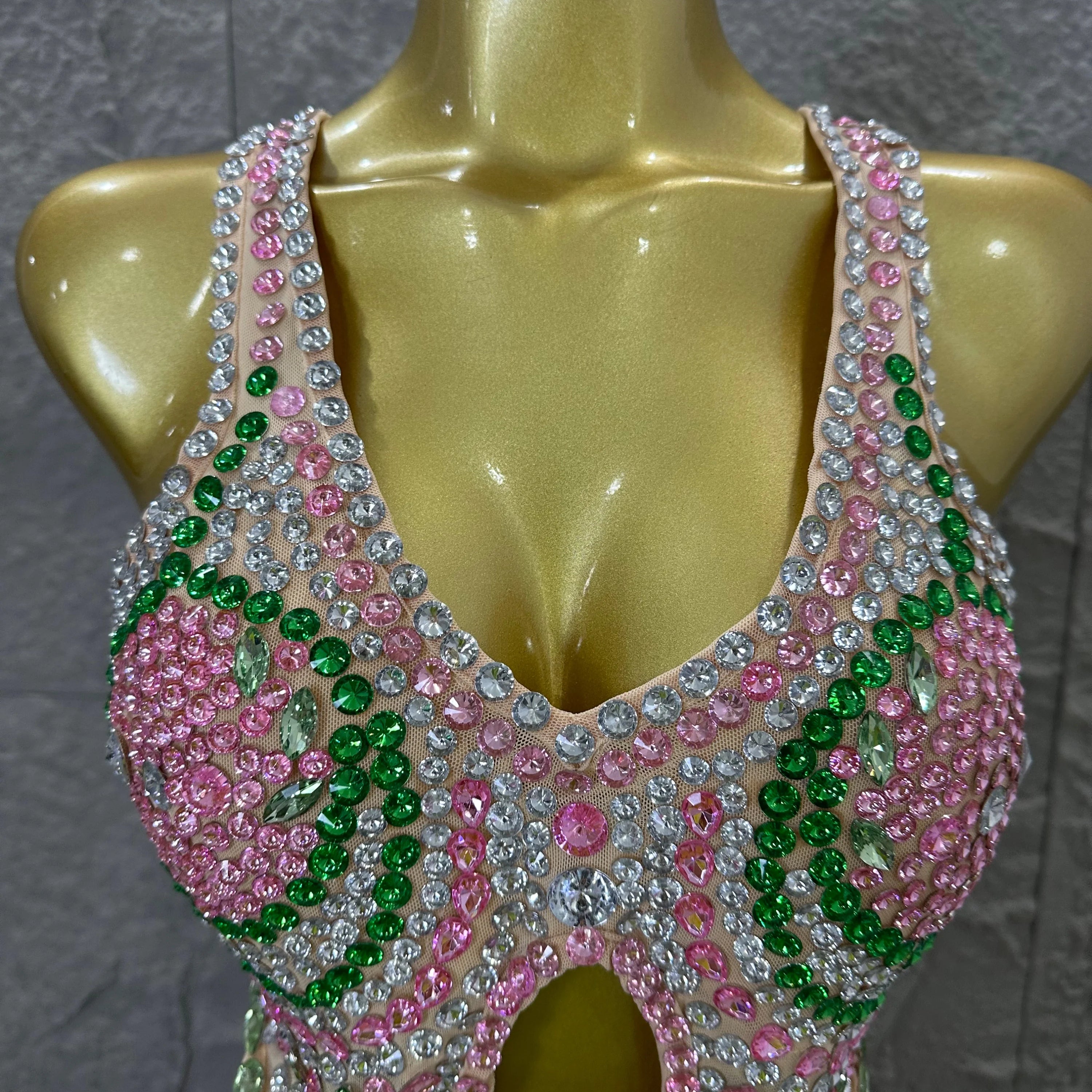 Sexy 2026 Crystal Bodysuit Women Sexy U-Neck Sheer Mesh Cutout Rhinestone Fringe Bodycon Outfit Nightclub Party Costume
