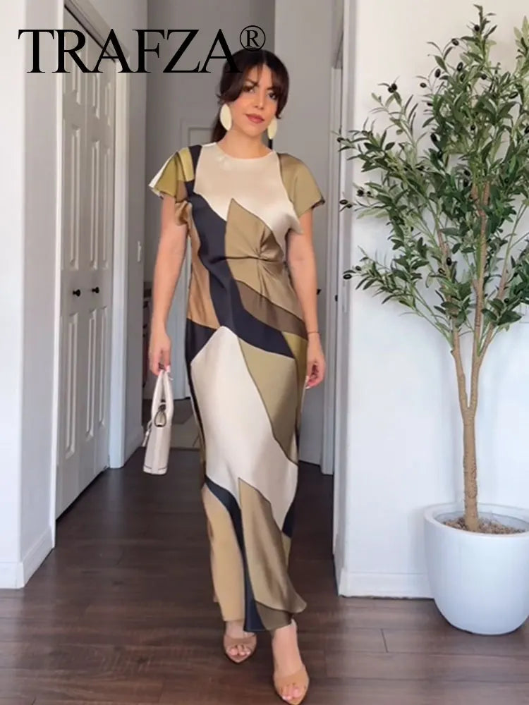 TRAFZA New Summer Women's Long Dress Print O-Neck Short Sleeves Back Hollow Out Vinatge Chic Pleats Loose Female Dresses