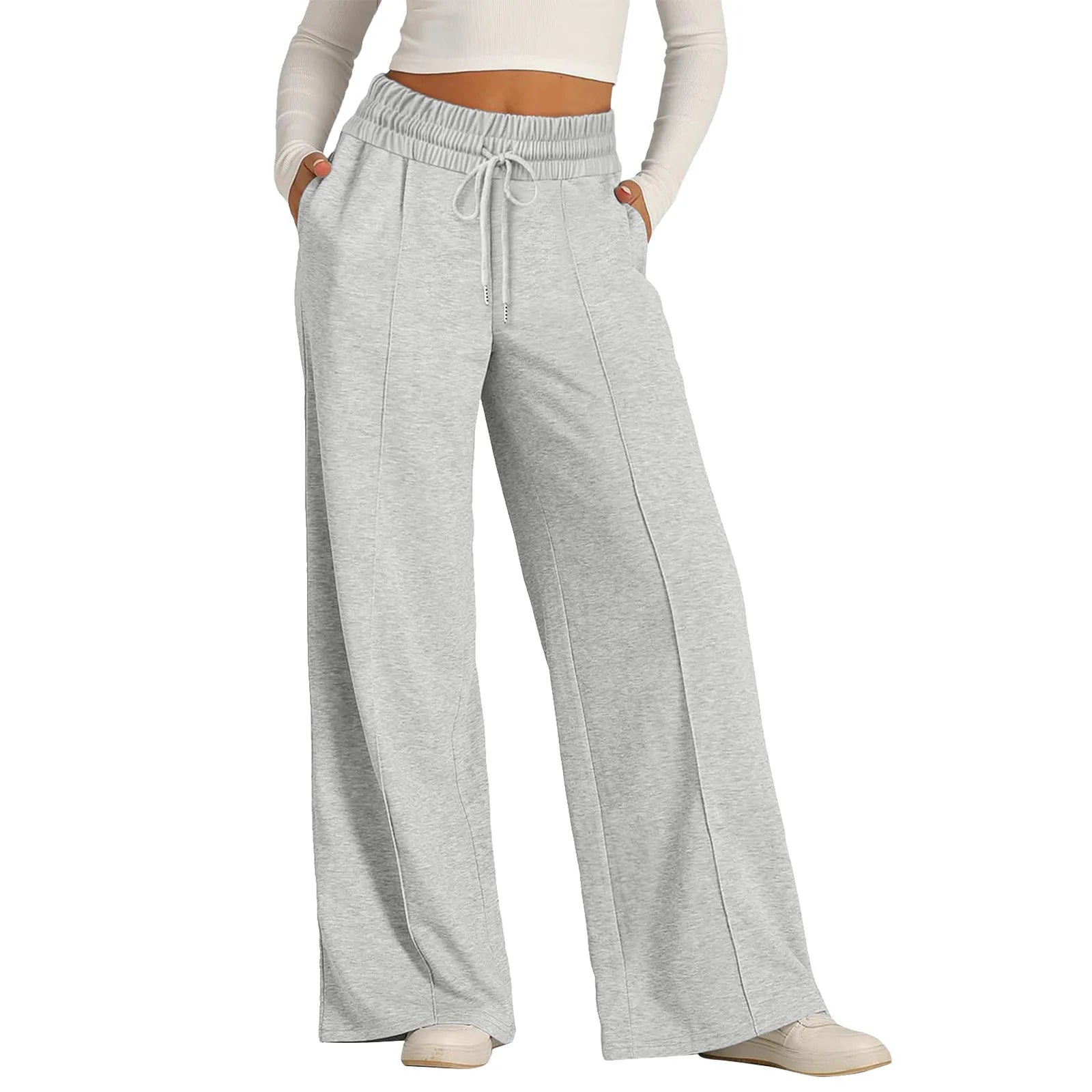 Women Oversized Wide Leg Pants Lightweight Sweatpants Elastic Drawstring Straight Leg Trousers High Waist Baggy Casual Pants Grey CN