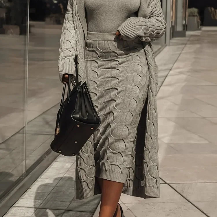 Winter Chic Three-Piece Knit Set Women Open Front Pocketed Cardigan Sleek Turtleneck Sweater With High-Waist Skirt Perfect grey TZ218