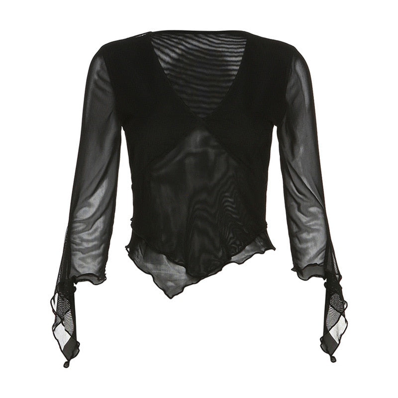 Tawnie Y2K Mesh Skirt 2 Pieces Sets Women 2024 Summer Casual V Neck Long Sleeve Crop Top Bodycon Maxi Skirt Matching Sets Outfit Top