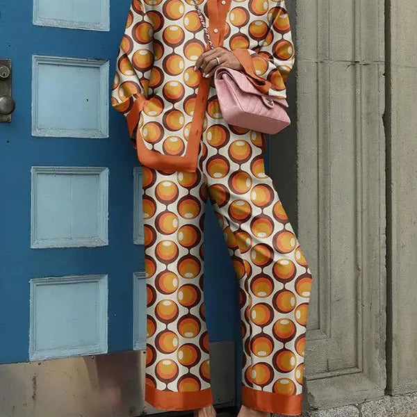 Autumn New Loose Vintage Printed Pant Sets Women Long Sleeve Shirts And Wide Legs Trousers Two Piece Set Fashion Streetwear golden