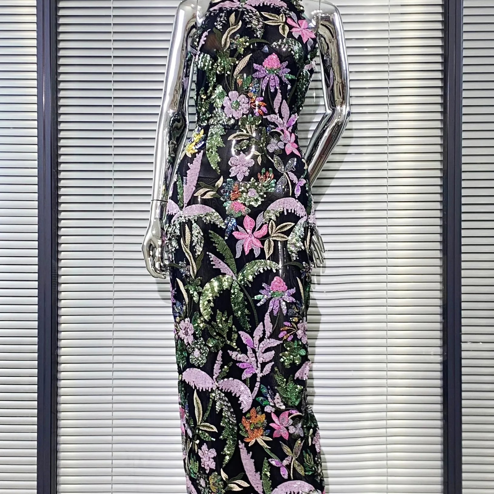 2024 Sequin Flowers Embroidery O-Neck Sleeveless Sheath Ankle Length Dress Gracful Woman Evening Dress Celebrity Party Outfit