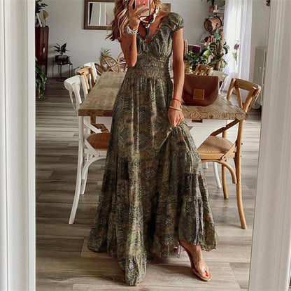 Vintage Long Dresses Women Summer Floral Print Bohemian Beach Sundress Woman Retro V Neck Big Swing Party Maxi Dresses