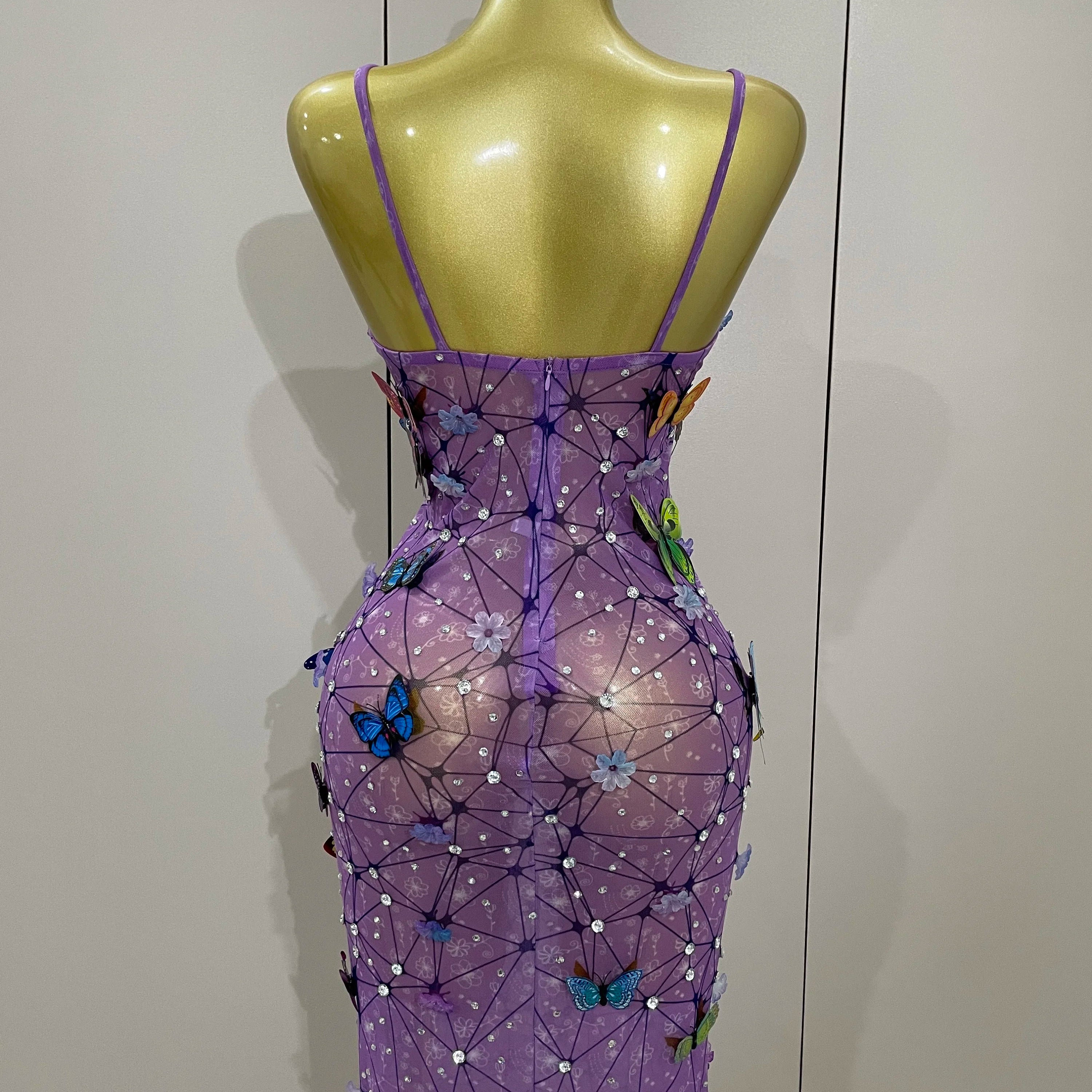 Women Celebrity Luxury Birthday Nightclub Stage Outfit 2025 Sparkly Butterfly Purple Sexy Mesh See Through Dress