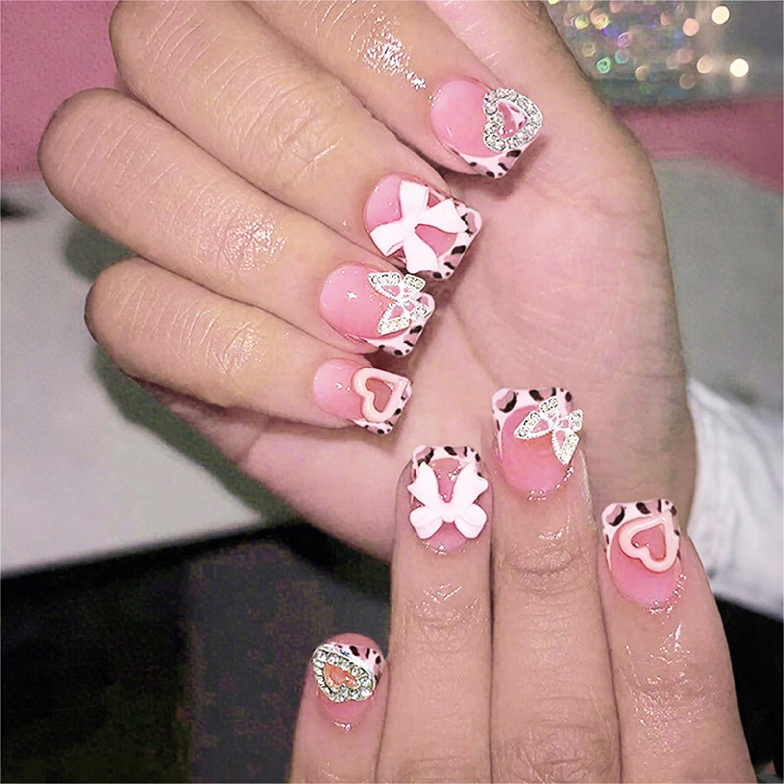 Short Square Nude Pink Fake Nails 24Pcs Leopard Printed French Press On Nails 3D Love Heart/Butterfly/Bowknot Decor False Nails As show