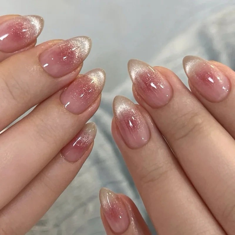 24Pcs Blush Pink Shining Cat's Eye Short Round Head Press on False Nails with Simple Design Almond French Manicure Nail Tips Set 1