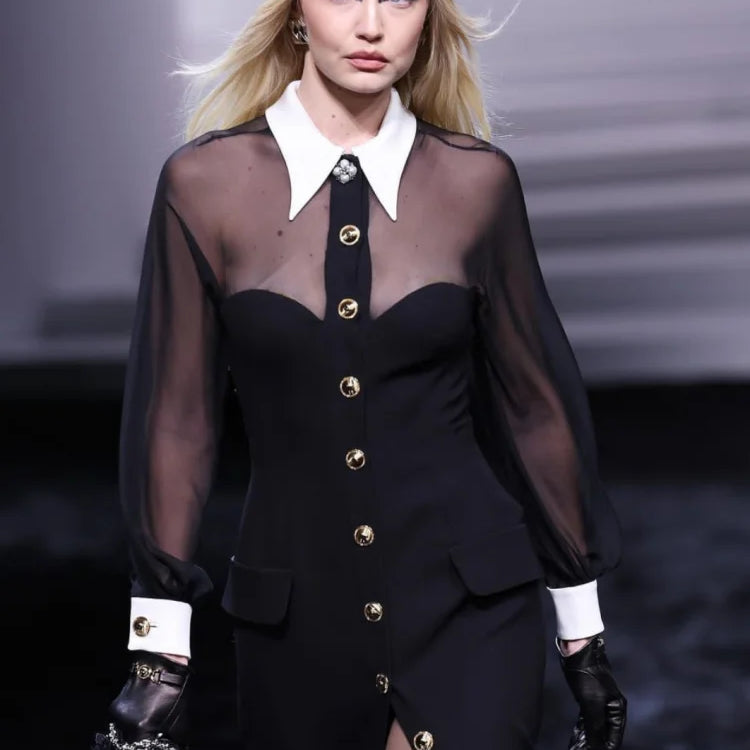 2024 New Golden Buttons White Collar Mesh Patchwork Bandage Long Dress Elegant Woman Evening Party Dress Fashion Party Outfit