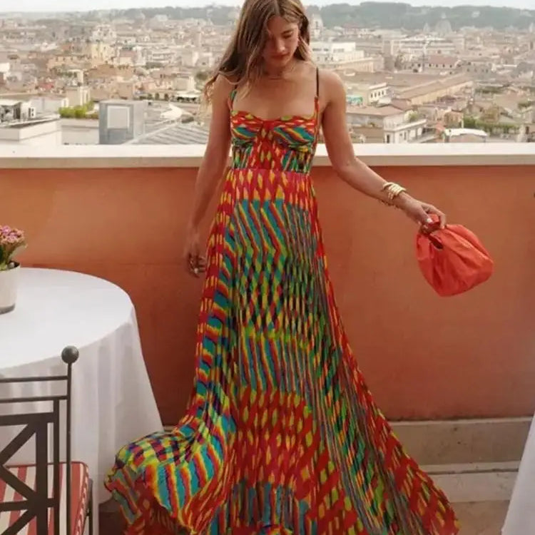 Print Contrasting Sling Maxi Dresses For Women Beach Colorful Sleeveless Backless Loose Dress Lady Summer Vacation Vestidos