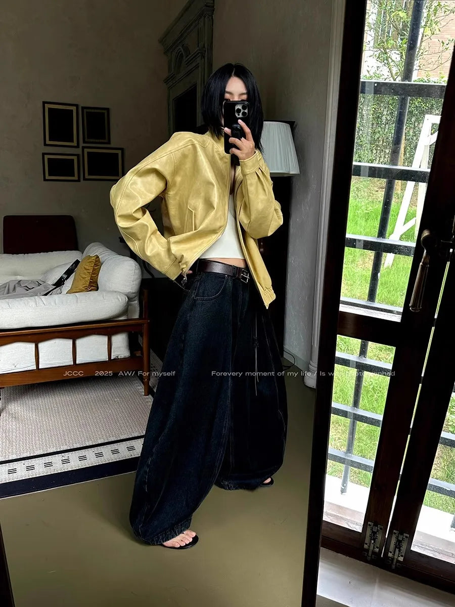 Lautaro Autumn Cool Short Oversized Distressed Yellow Pu Leather Jacket Women Zipper High Quality American Retro Unisex Clothes