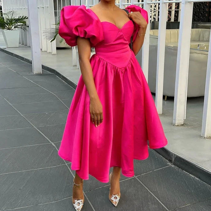 Party Dresses for Women Fashion Casual Square Neck Bubble Sleeves Solid Waist Closing Mid Length Slim Fit Sexy Girl Dress
