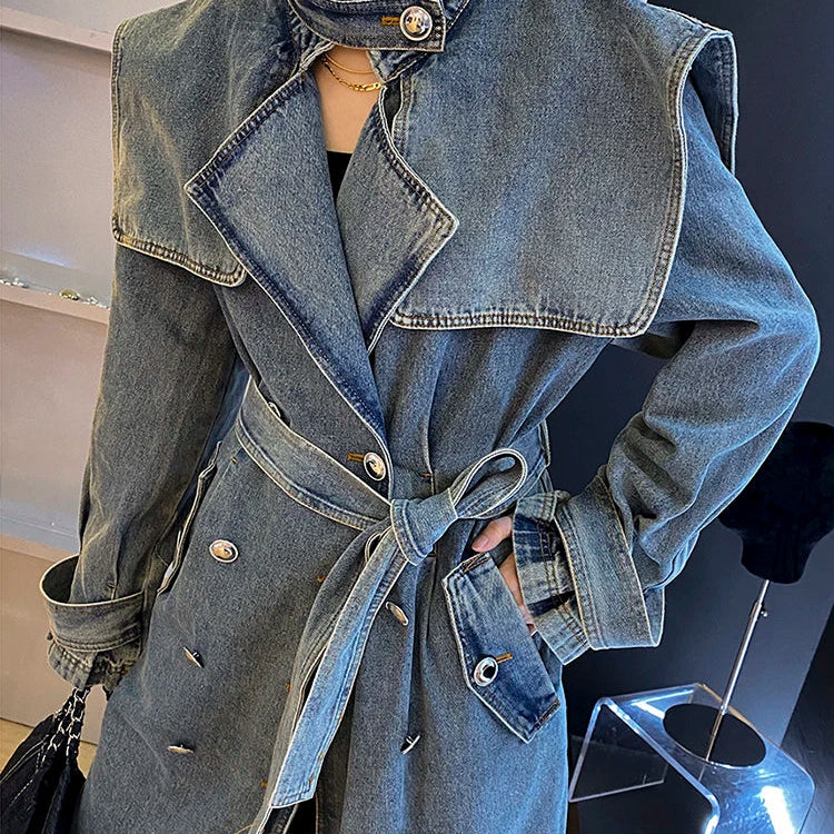 DEAT Fashion Women's Denim Jackets Loose Big Double Layer Collar Single Breasted Long Sleeve Sashes Coat Winter New 17A4709