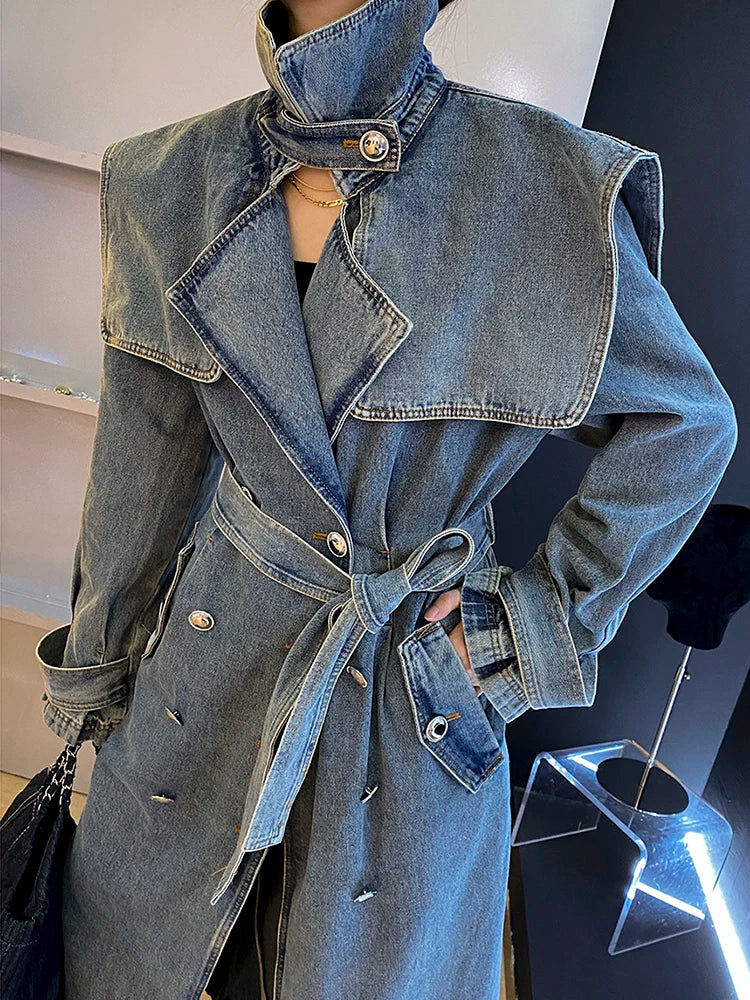 DEAT Fashion Women's Denim Jackets Loose Big Double Layer Collar Single Breasted Long Sleeve Sashes Coat Winter New 17A4709