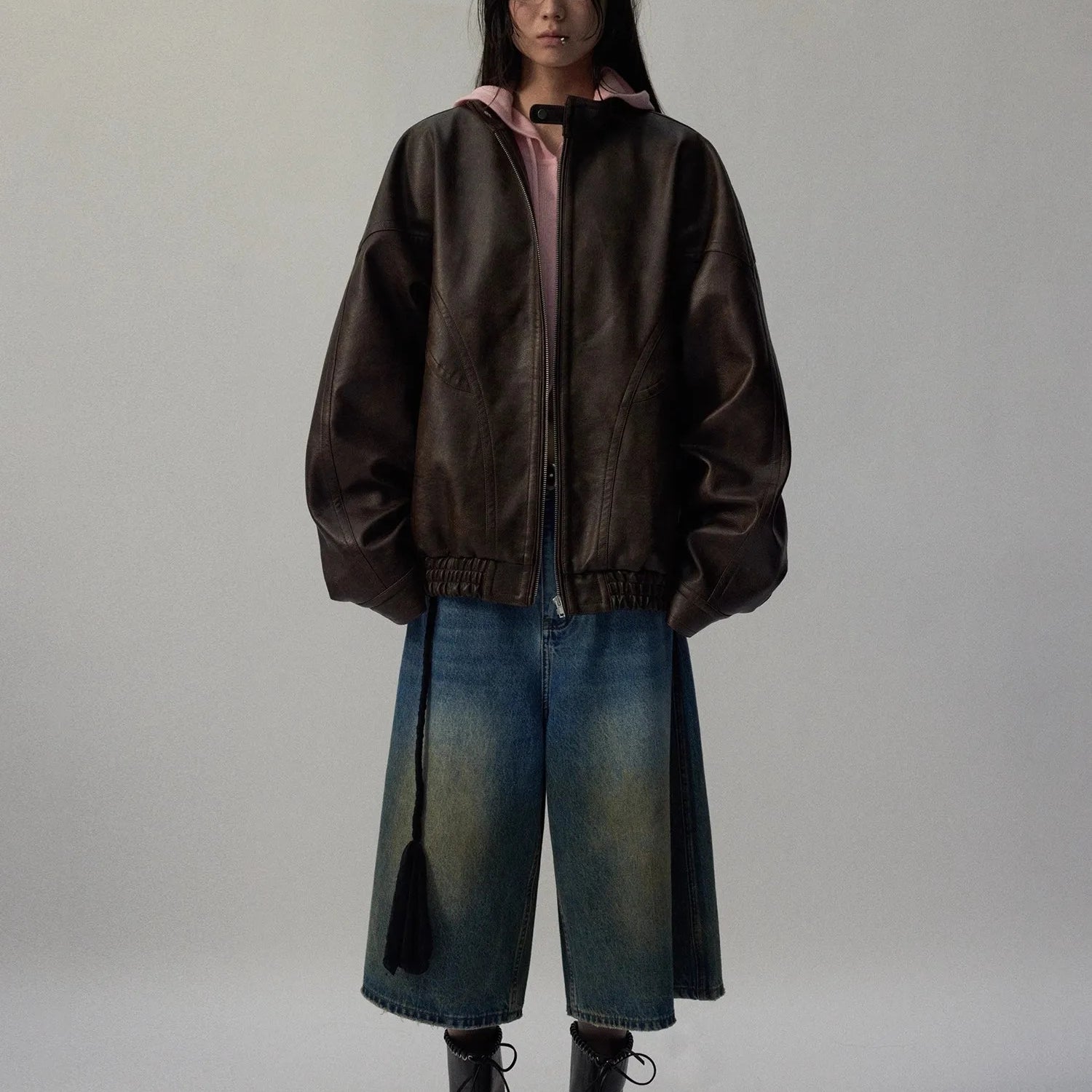 Lautaro Autumn Cool Handsome Distressed Brown Oversized Pu Leather Jacket Women Zippper Stand Collar American Retro Clothing