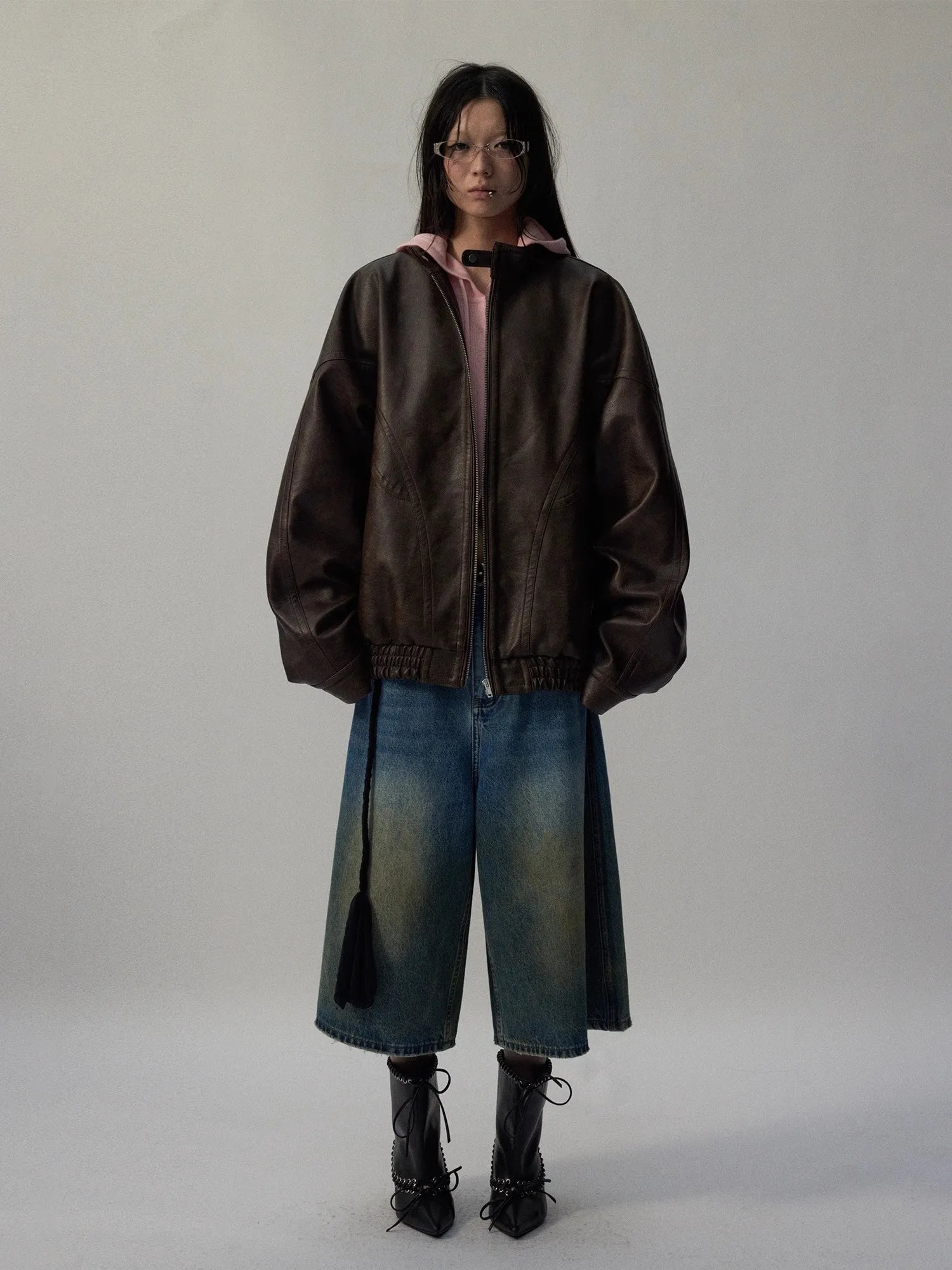 Lautaro Autumn Cool Handsome Distressed Brown Oversized Pu Leather Jacket Women Zippper Stand Collar American Retro Clothing