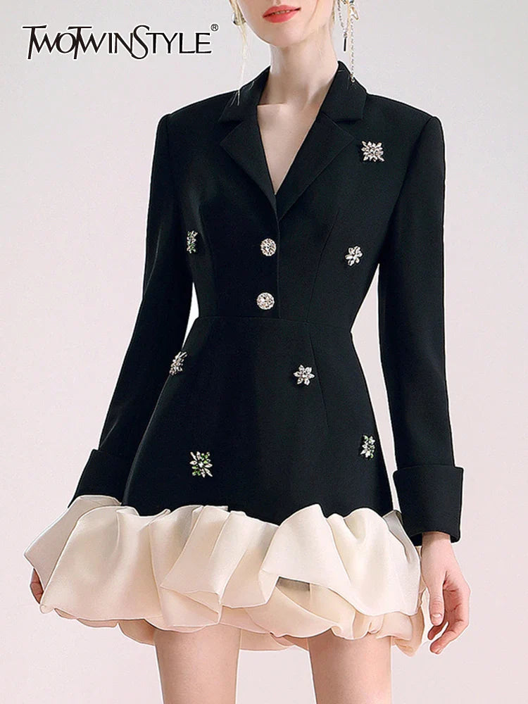 Colorblock Patchwork Diamonds Elegant Dresses For Women V Neck Long Sleeve High Waist Spliced Organza Dress Female