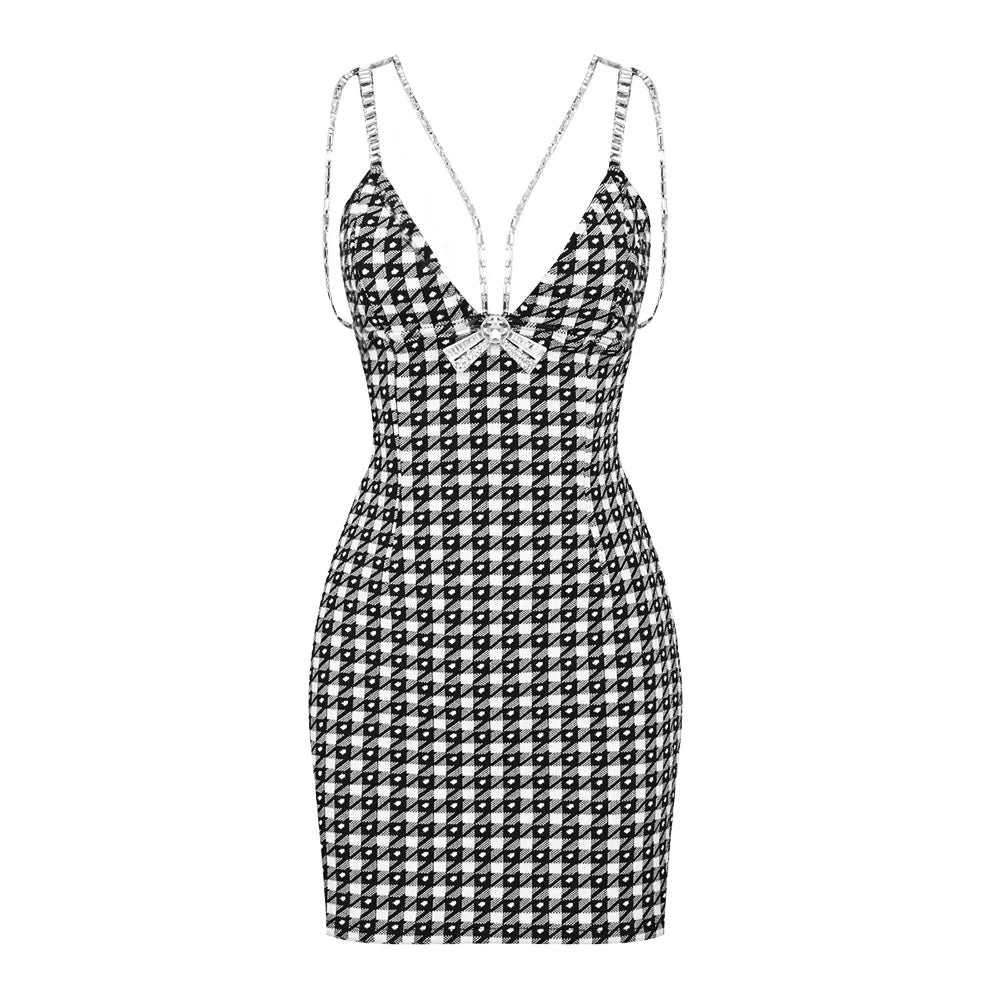 Vintage Houndstooth Dress For Women Sexy V Neck Crystal Chain Spaghetti Straps Bow Tie Bodycon Bandage Mini Dresses As picture L