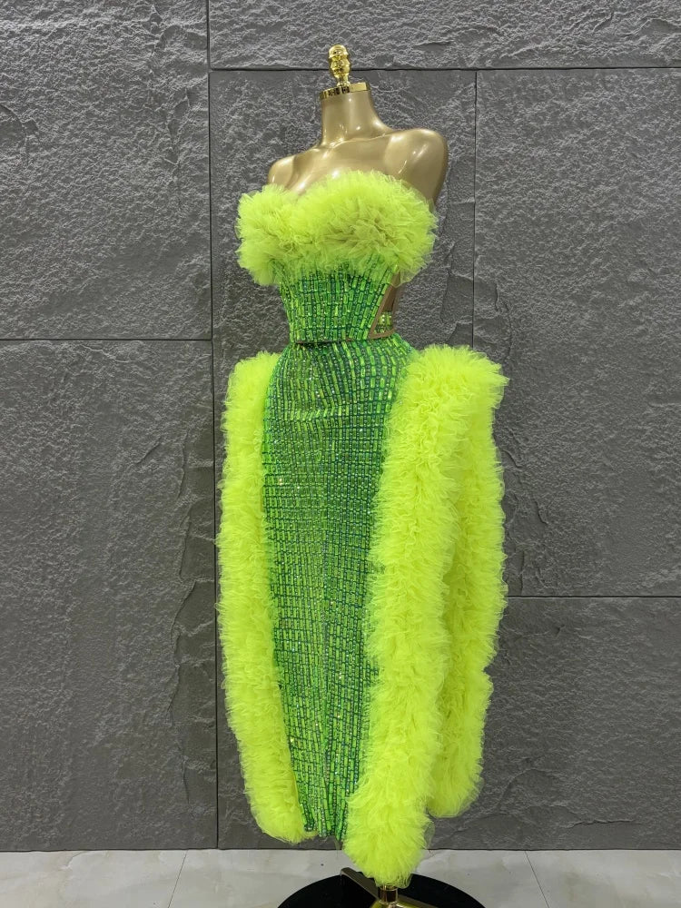 STOCK Women Sexy Mesh Ruffles 2 Pieces Laced-up Ball Gown Long Dress Fashion Nightclub Party Performance Costume Stage Wear