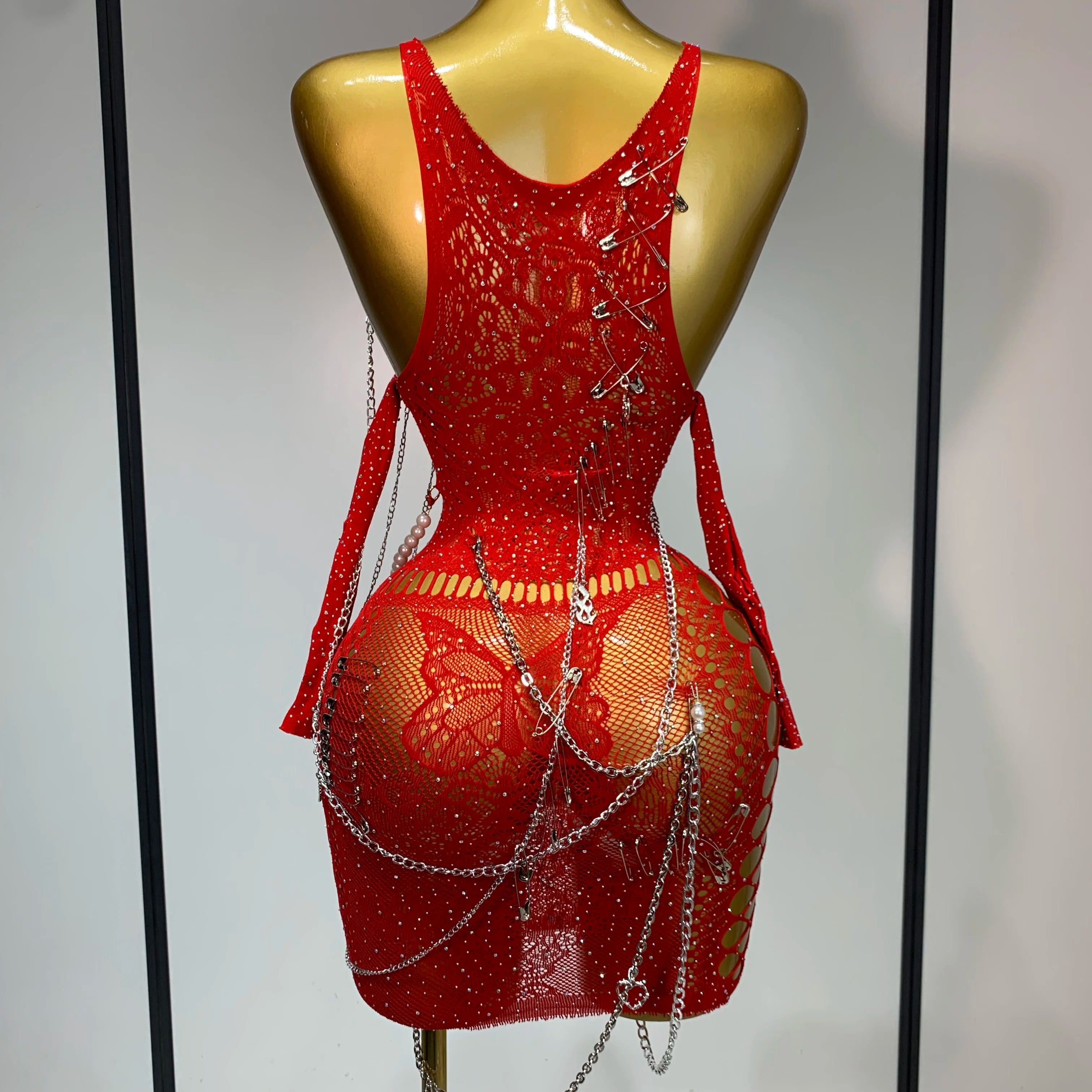 Women Sexy Hollow Out Pearl Chain Bodycon Dress Sleeveless High Stretchy Mini Dress Evening Party Nightclub Singer Stage Outfit