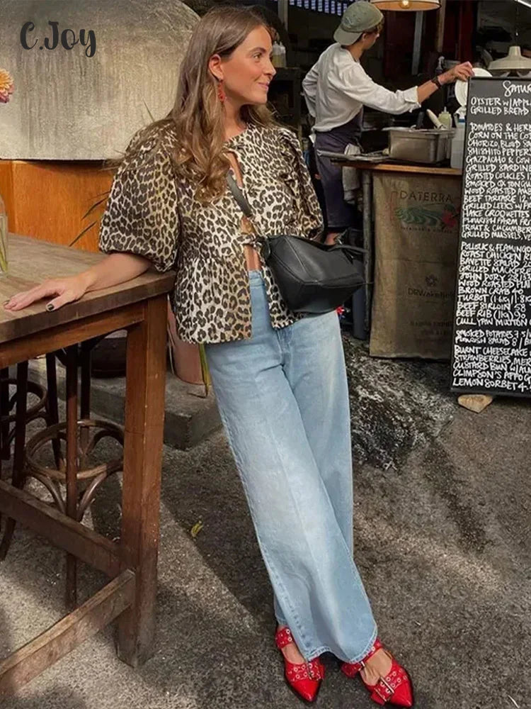 Leopard Print Lace Up Bow Top Women Hollow Out Puff Short Sleeve O-neck Shirt Female Summer Lady Fashion Commuter Tops