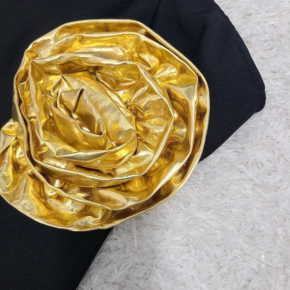 Black Color Women Sexy Strapless Big Gold Florals Bodycon Bandage Long Dress Fashion Elegant Evening Party Cocktail Dress