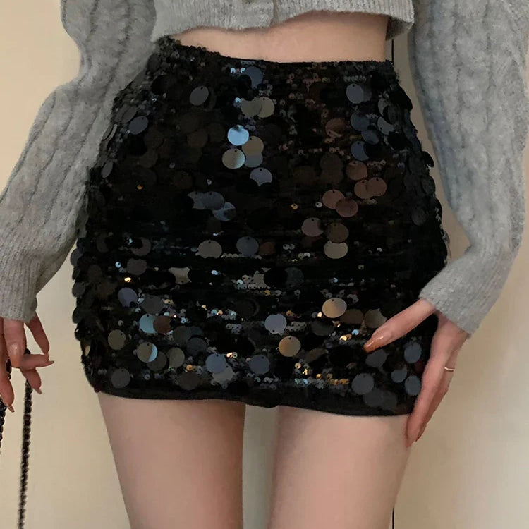 Summer Women Korean Fashion Clubwear Sequin Mini Skirt Gyaru Coquette Harajuku 2000s Y2k Streetwear Hot Sexy Night Club Luxury Black